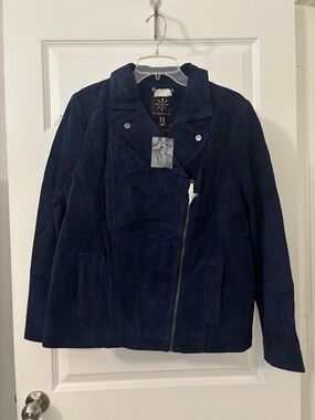 Isaac Mizrahi Navy Suede Leather Floral Lined Moto Jacket Silver Accents NWT